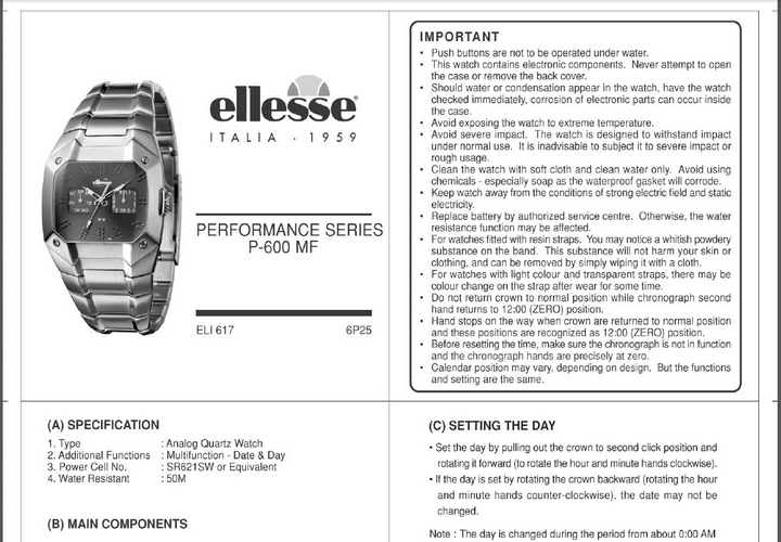 stelu p-600 mf ellesse watch/手表英文说明书