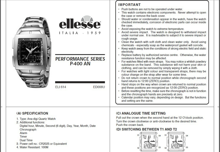 STELUX P-400 AN ellesse watch\/手表英文说明书