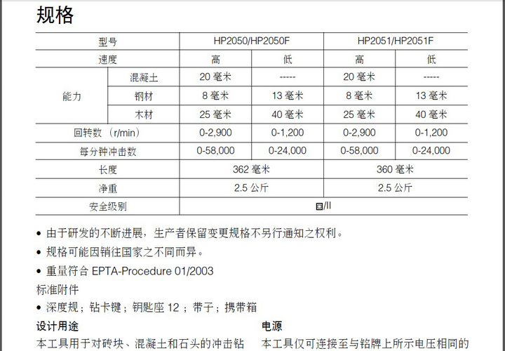 牧田hp2051冲击钻使用说明书