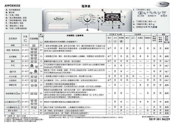 惠而浦 awoe8558前置式洗衣机 说明书