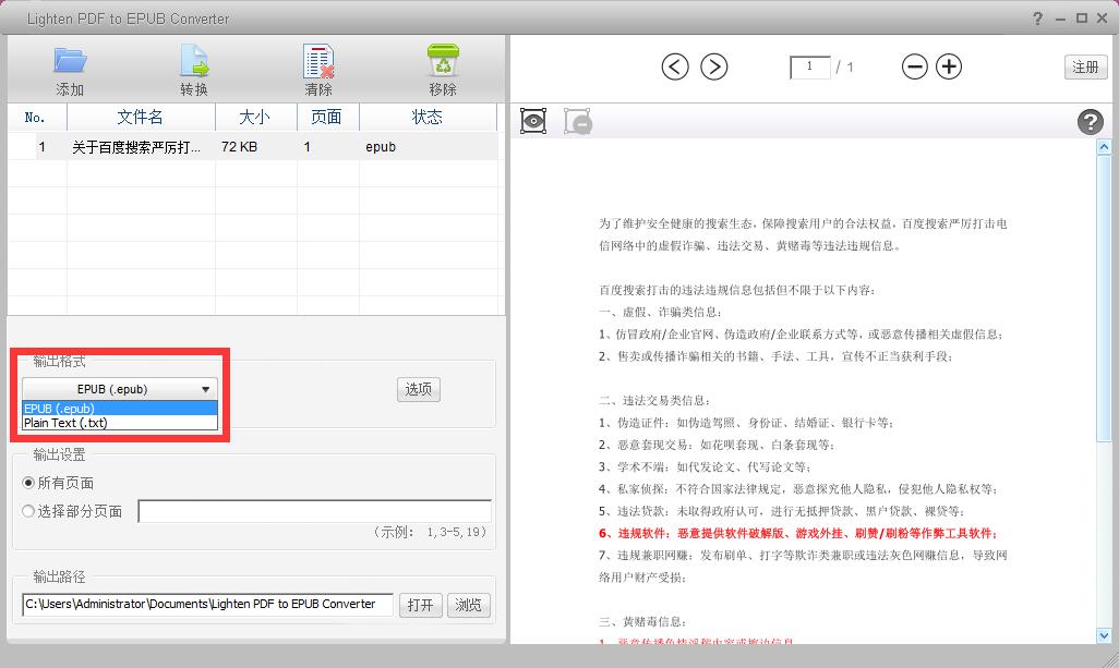 Lighten PDF to EPUB Converter截圖