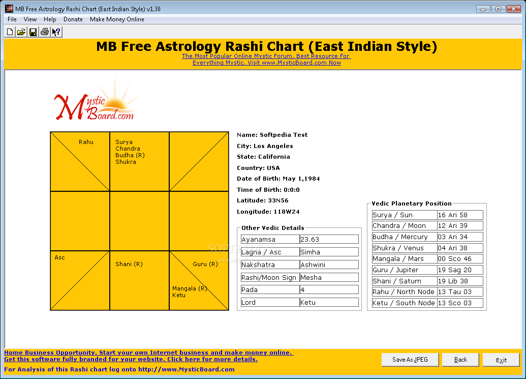 MB Free Astrology Rashi Chart (East Indian Style) 起名软件